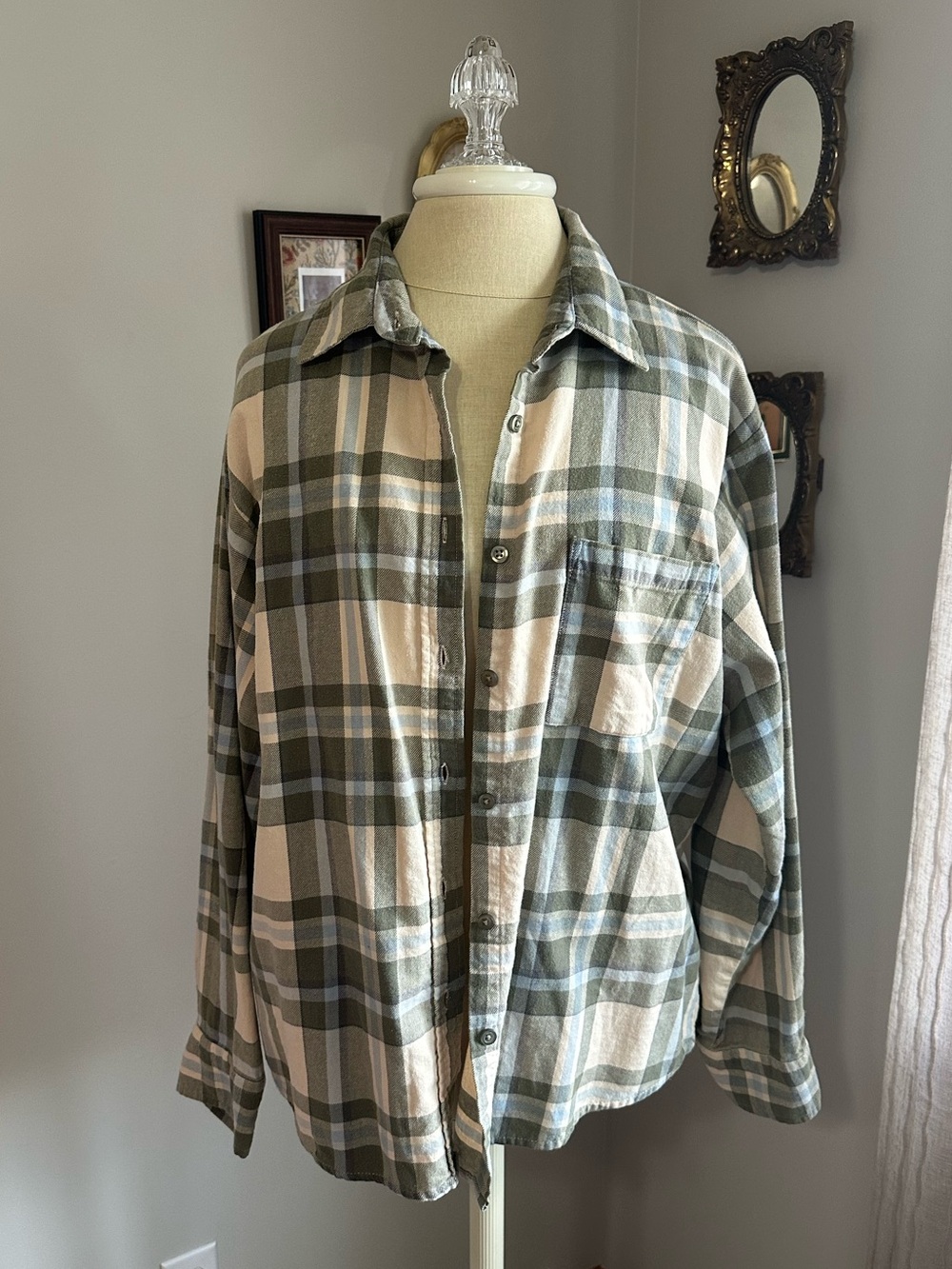 Cotton On Plaid Shirt Jacket in Cream, Sage and Light Blue